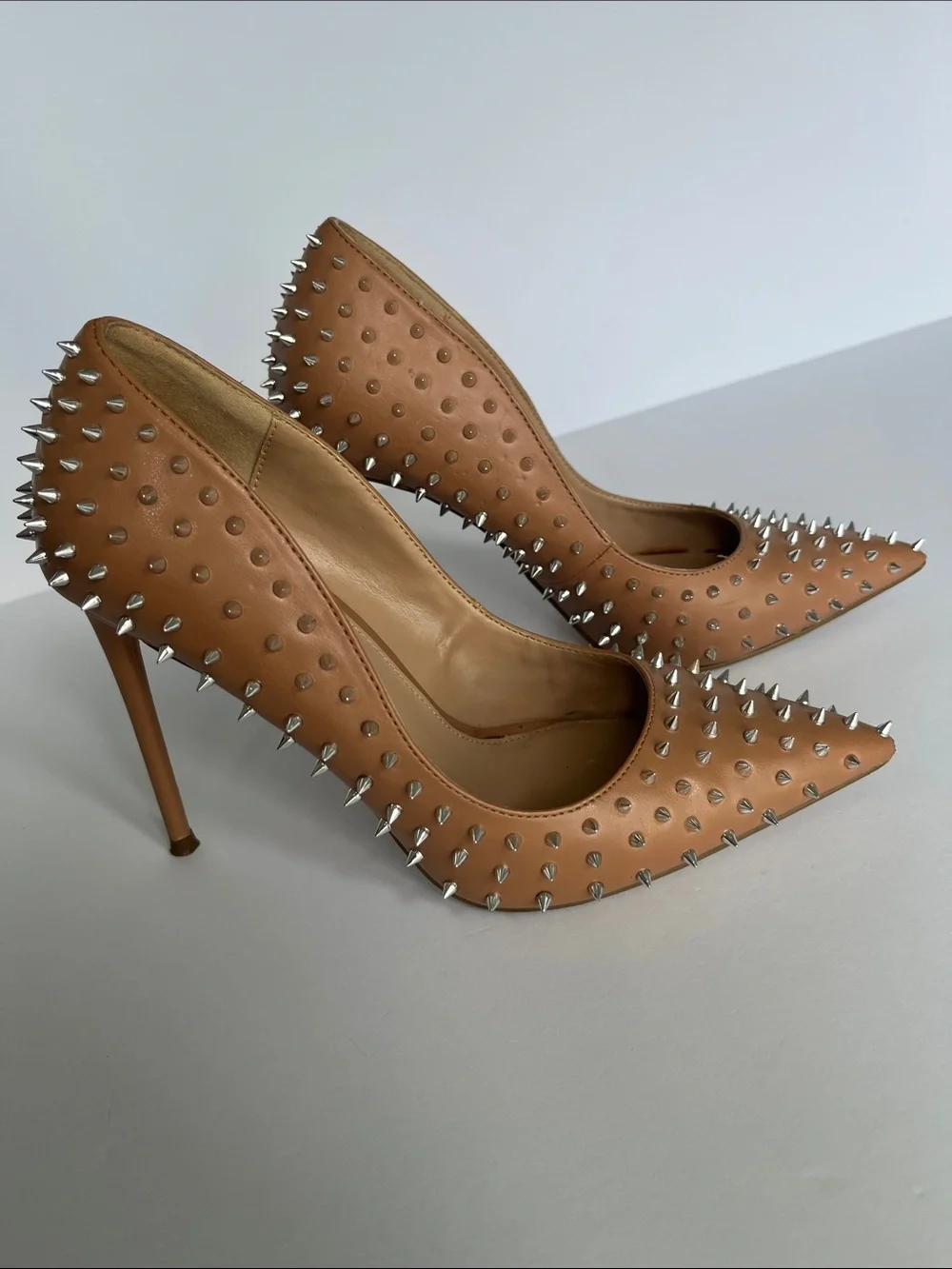 Steve Madden Tan Pointed-Toe Spike Stud Pumps - Picture 2 of 6